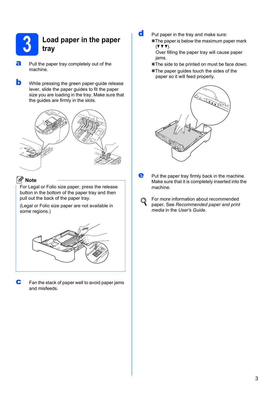 3 load paper in the paper tray, Load paper in the paper tray | Brother HL 2270DW User Manual | Page 3 / 35