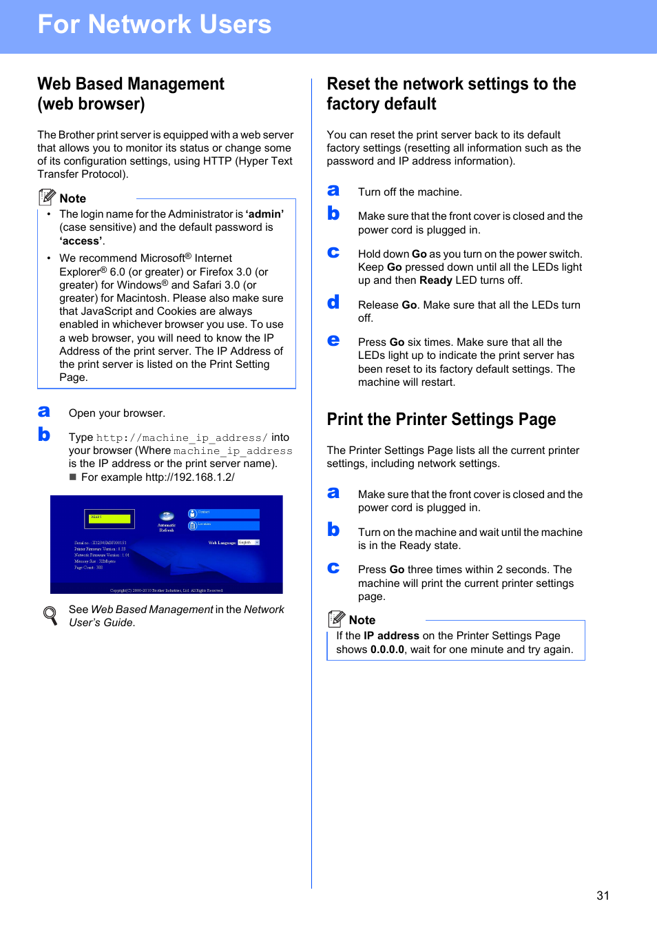 For network users, Web based management (web browser), Reset the network settings to the factory default | Print the printer settings page | Brother HL 2270DW User Manual | Page 31 / 35