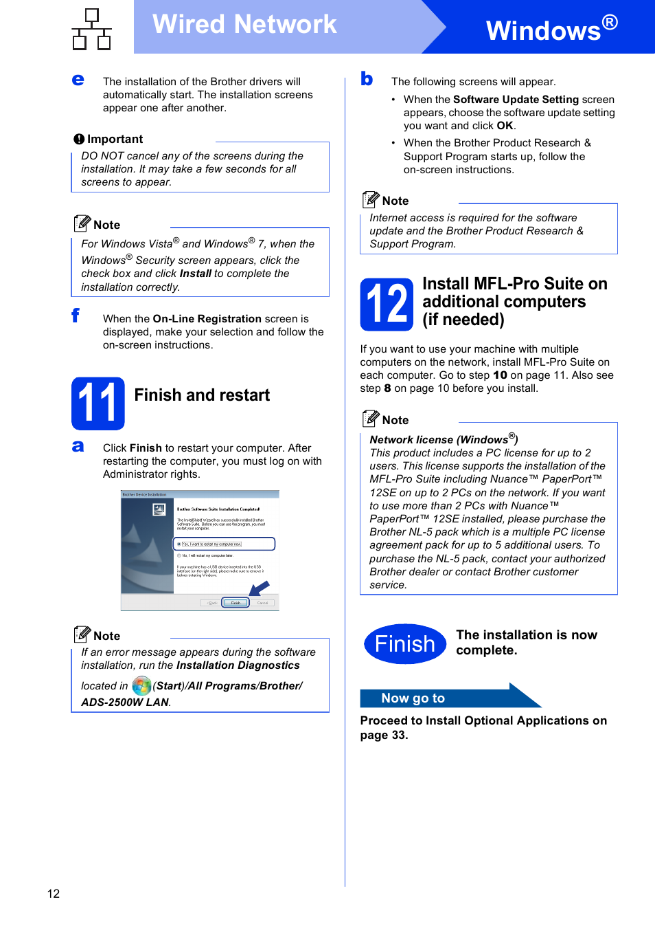11 finish and restart, Windows, Wired network | Finish, Finish and restart | Brother ADS-2500W User Manual | Page 12 / 36