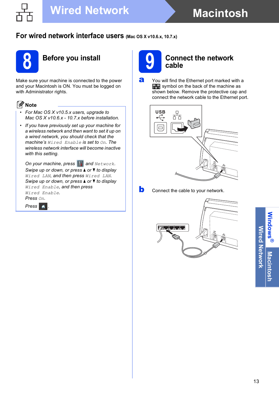 8 before you install, 9 connect the network cable, Macintosh wired network | Brother ADS-2500W User Manual | Page 13 / 36
