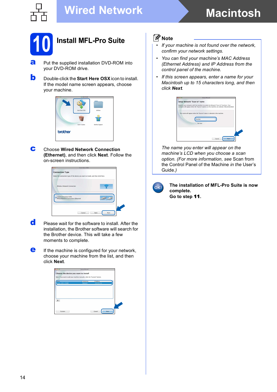 10 install mfl-pro suite, Macintosh wired network | Brother ADS-2500W User Manual | Page 14 / 36