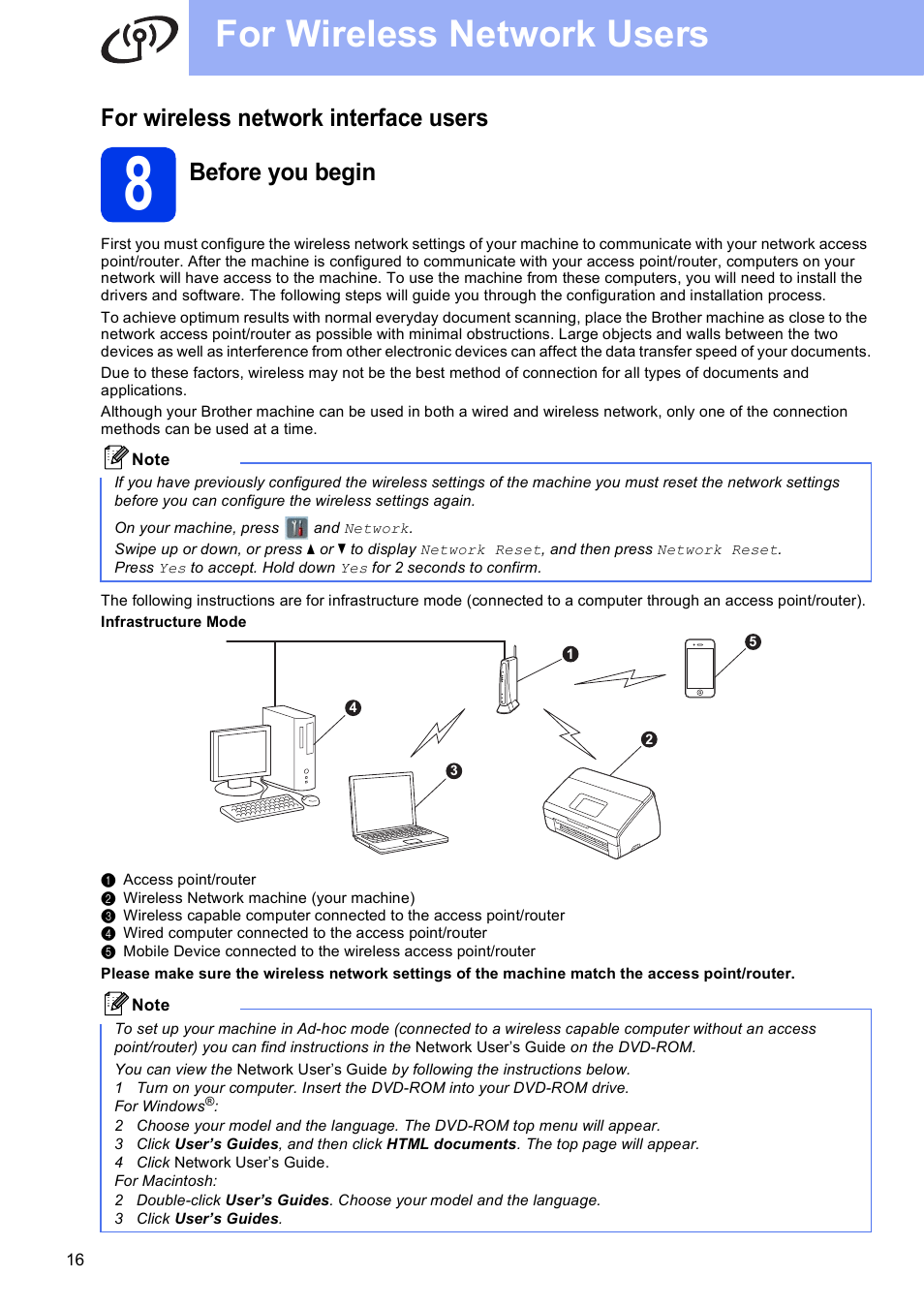 For wireless network interface users, 8 before you begin, For wireless network users | Before you begin | Brother ADS-2500W User Manual | Page 16 / 36