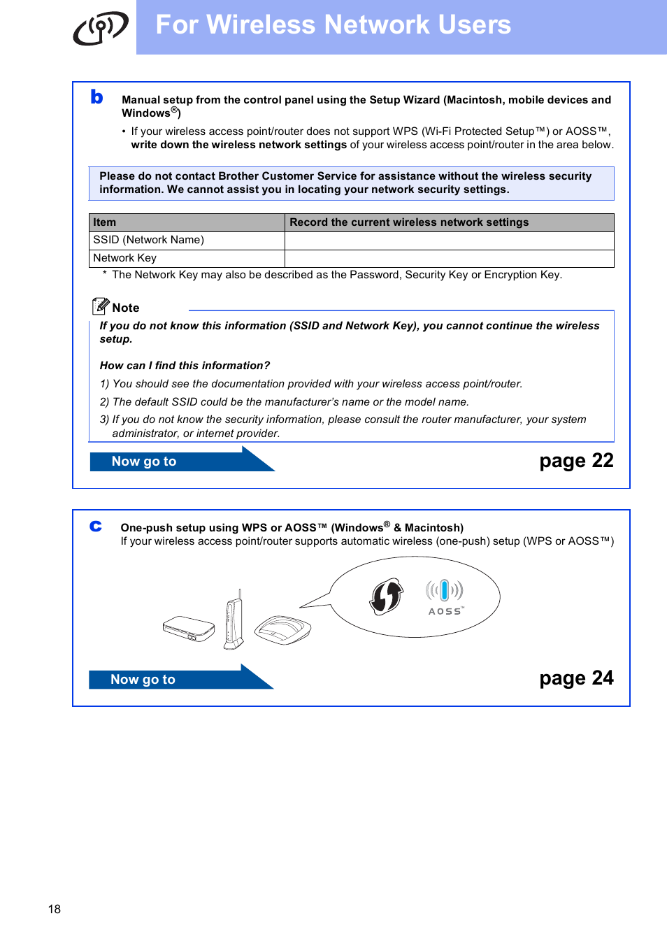 For wireless network users, Page 22 c, Page 24 | Brother ADS-2500W User Manual | Page 18 / 36