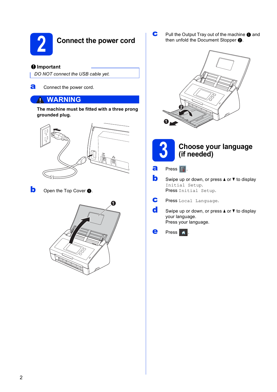 2 connect the power cord, 3 choose your language (if needed) | Brother ADS-2500W User Manual | Page 2 / 36