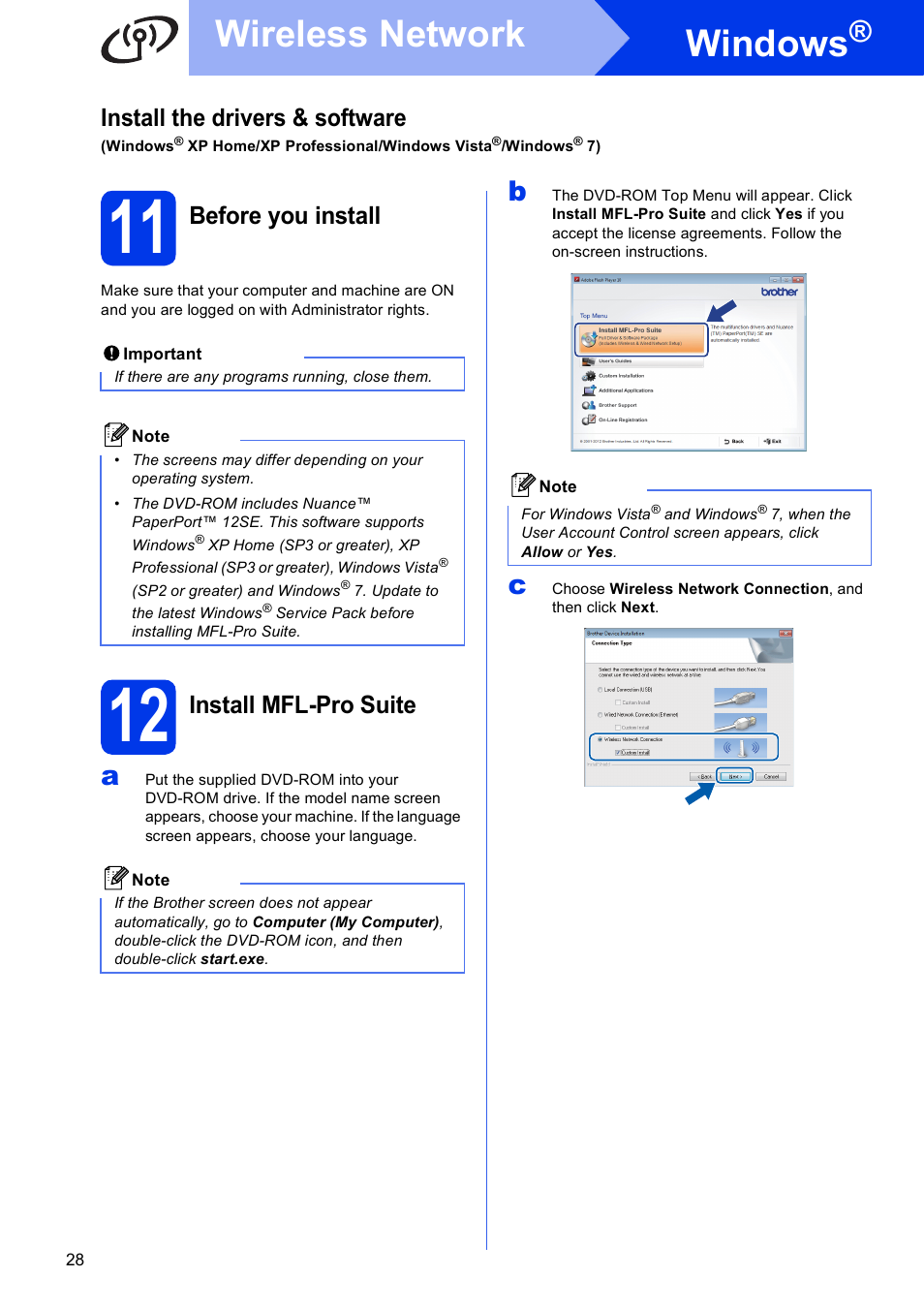 11 before you install, 12 install mfl-pro suite, Windows | Wireless network, Install the drivers & software, Before you install, Install mfl-pro suite | Brother ADS-2500W User Manual | Page 28 / 36