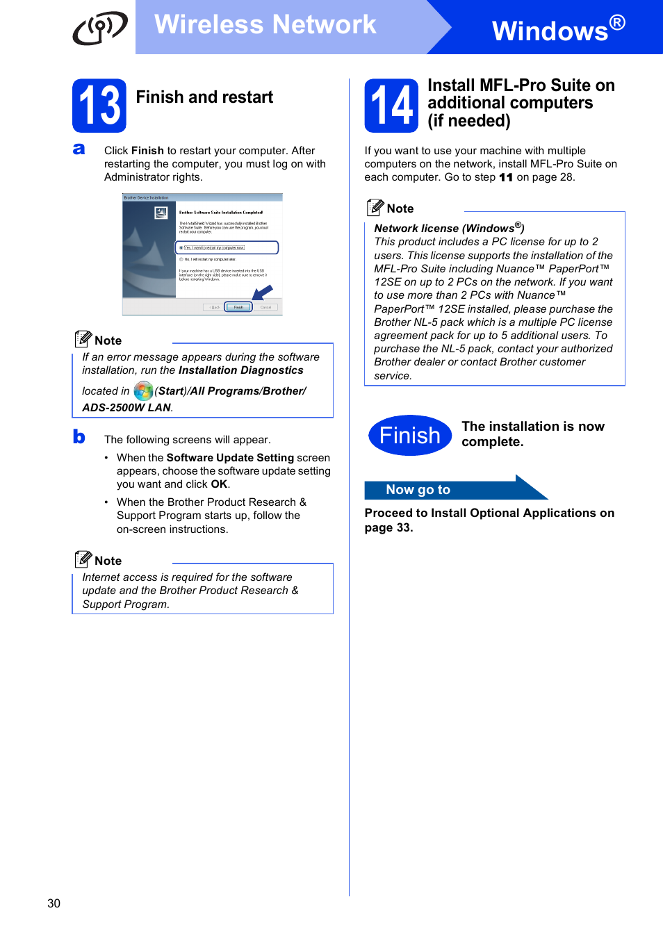 13 finish and restart, Windows, Wireless network | Finish | Brother ADS-2500W User Manual | Page 30 / 36