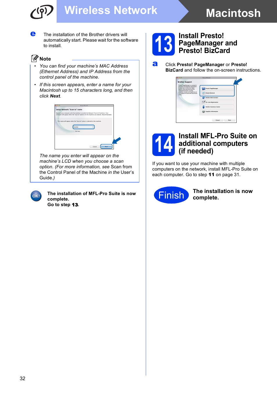 Macintosh wireless network, Finish | Brother ADS-2500W User Manual | Page 32 / 36