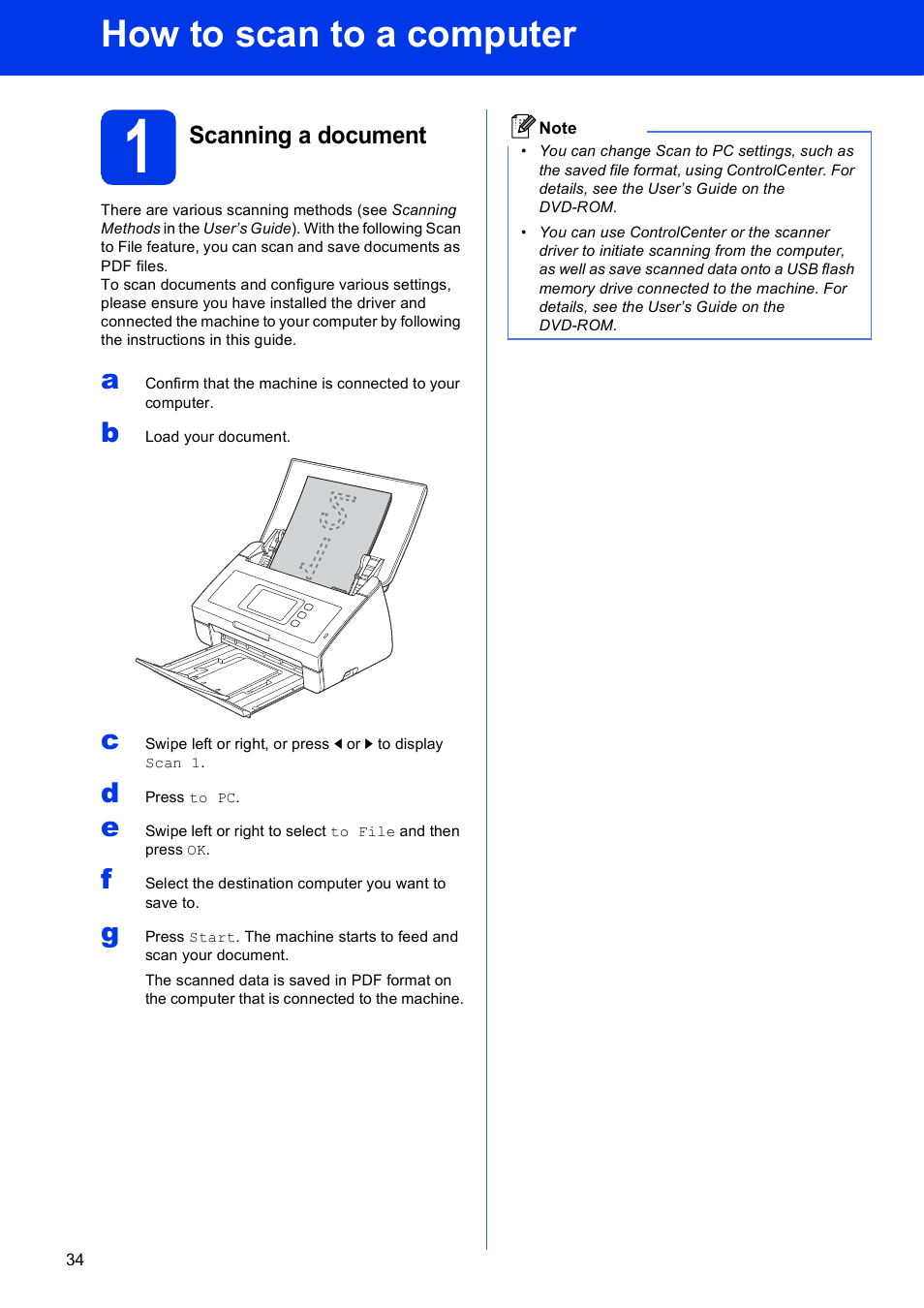 How to scan to a computer, 1 scanning a document | Brother ADS-2500W User Manual | Page 34 / 36