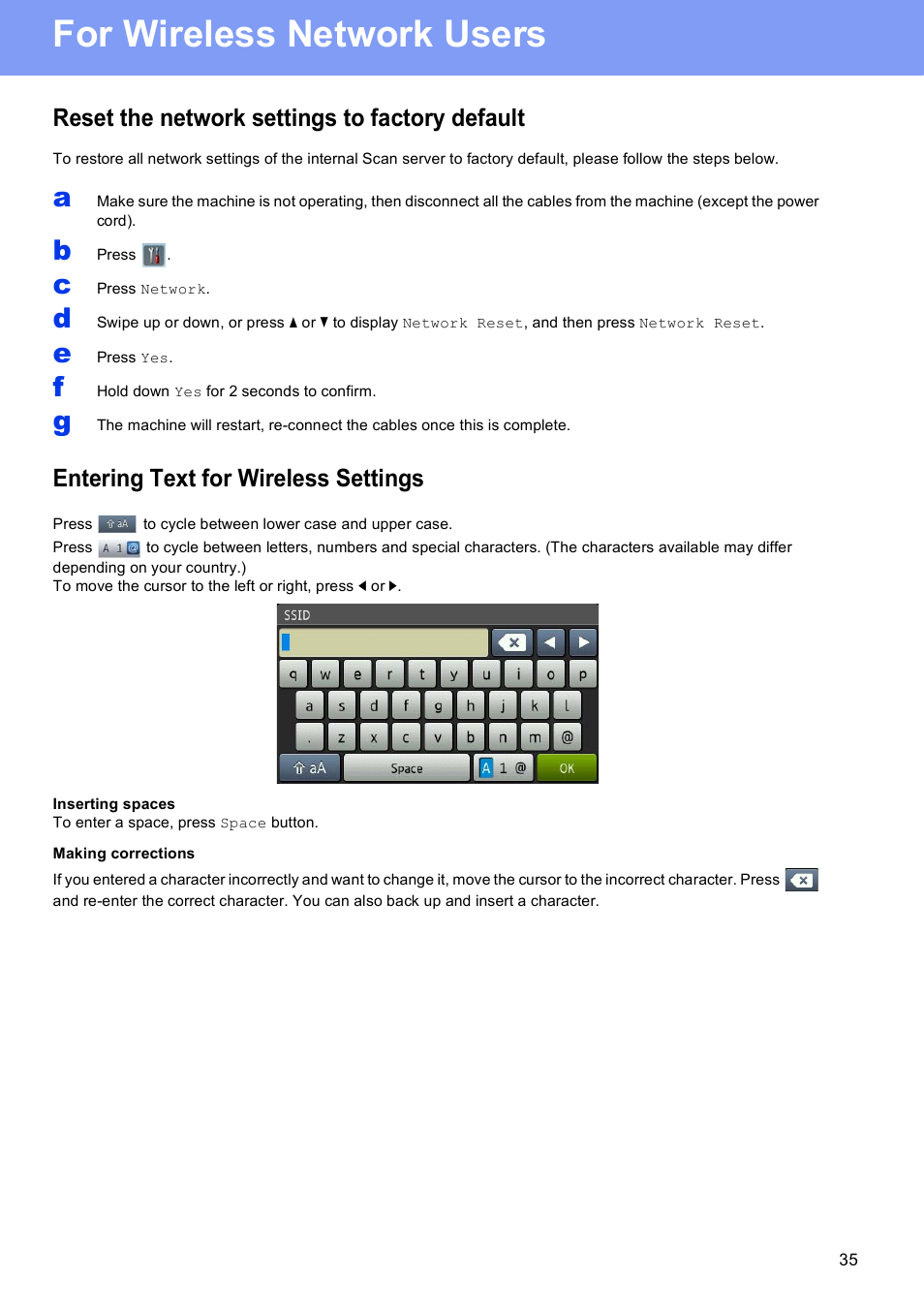 For wireless network users, Reset the network settings to factory default, Entering text for wireless settings | Brother ADS-2500W User Manual | Page 35 / 36