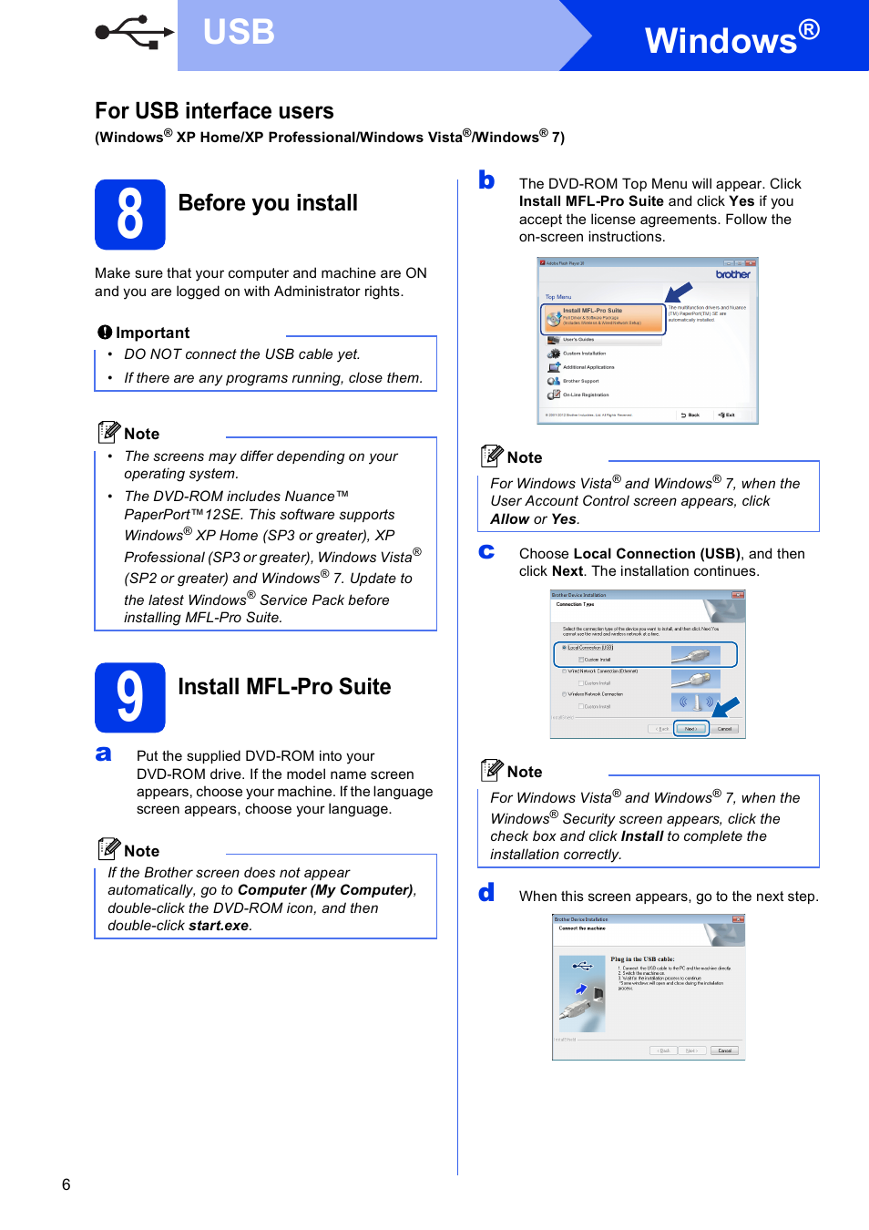 8 before you install, 9 install mfl-pro suite, Windows | For usb interface users, Before you install, Install mfl-pro suite | Brother ADS-2500W User Manual | Page 6 / 36