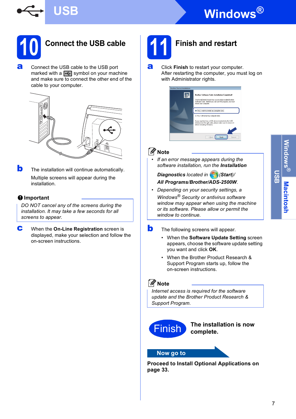 10 connect the usb cable, 11 finish and restart, Windows | Finish | Brother ADS-2500W User Manual | Page 7 / 36