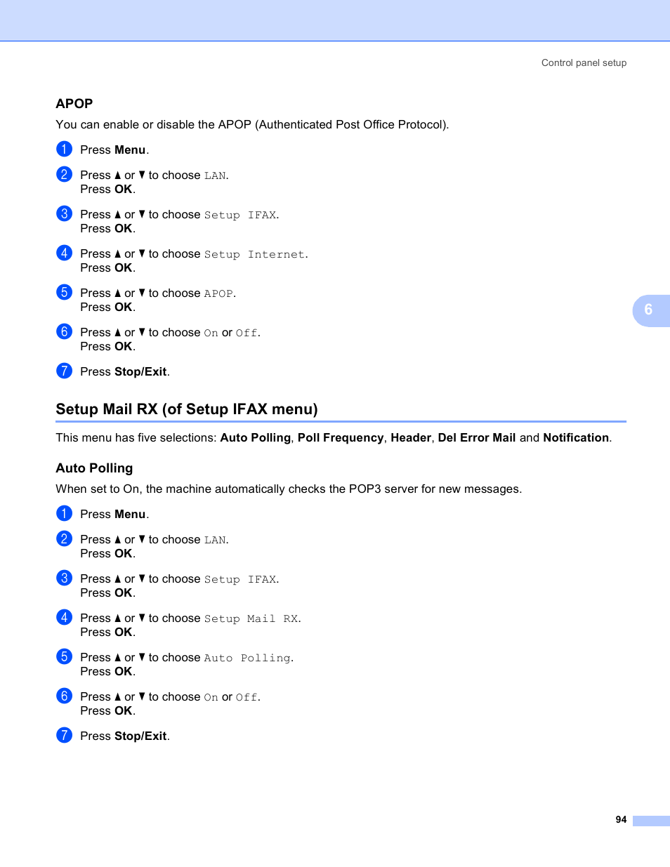 Apop, Setup mail rx (of setup ifax menu), Auto polling | Brother MFC 9840CDW User Manual | Page 104 / 204