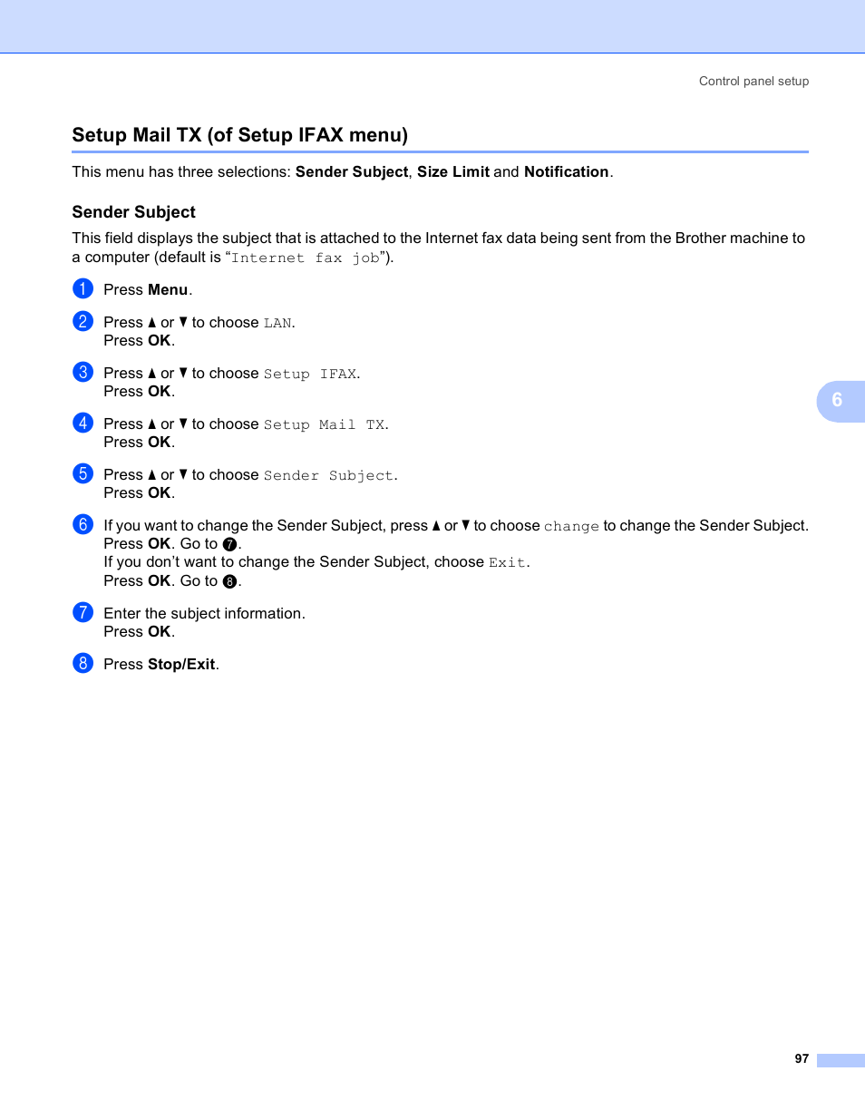 Setup mail tx (of setup ifax menu), Sender subject, 6setup mail tx (of setup ifax menu) | Brother MFC 9840CDW User Manual | Page 107 / 204