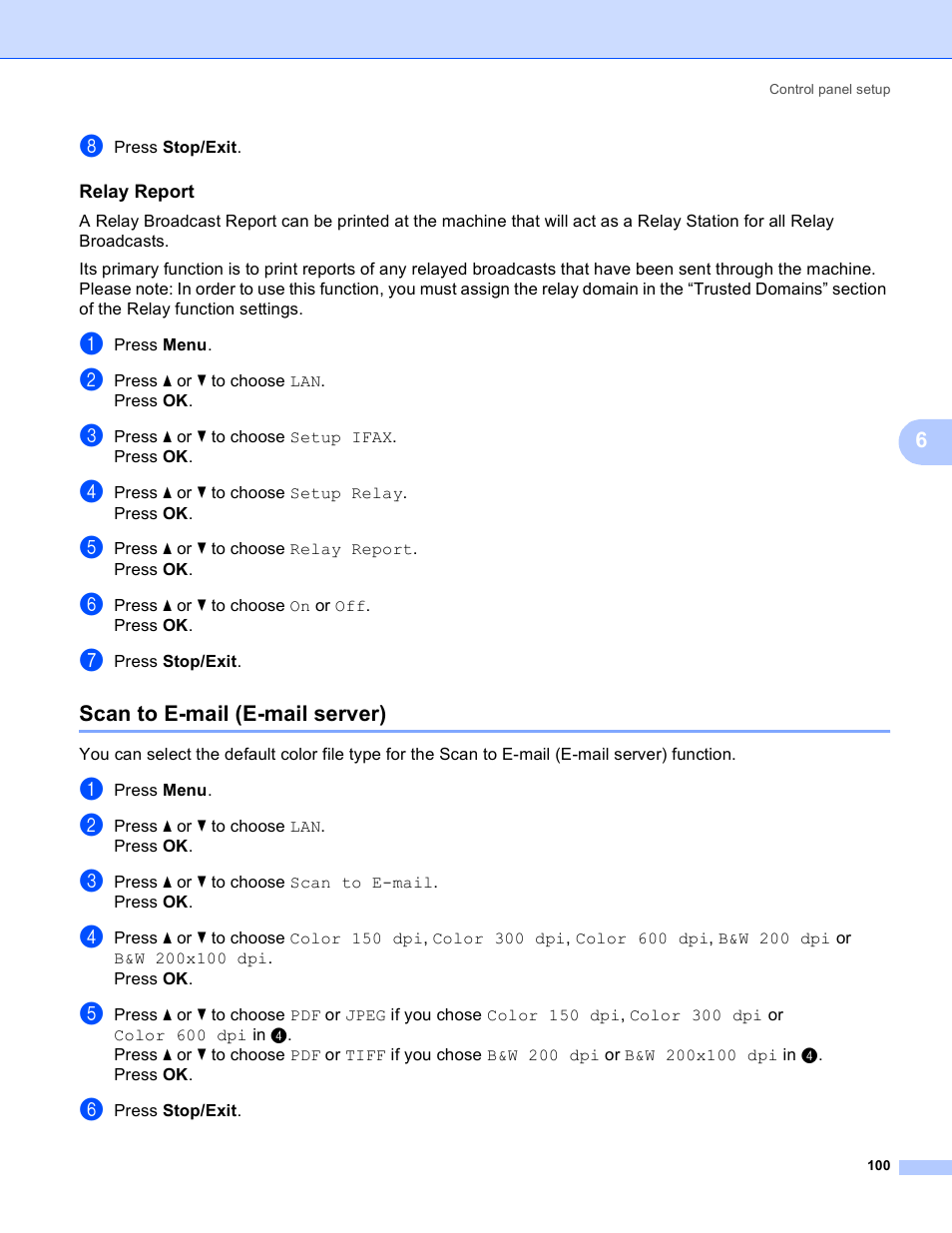 Relay report, Scan to e-mail (e-mail server) | Brother MFC 9840CDW User Manual | Page 110 / 204
