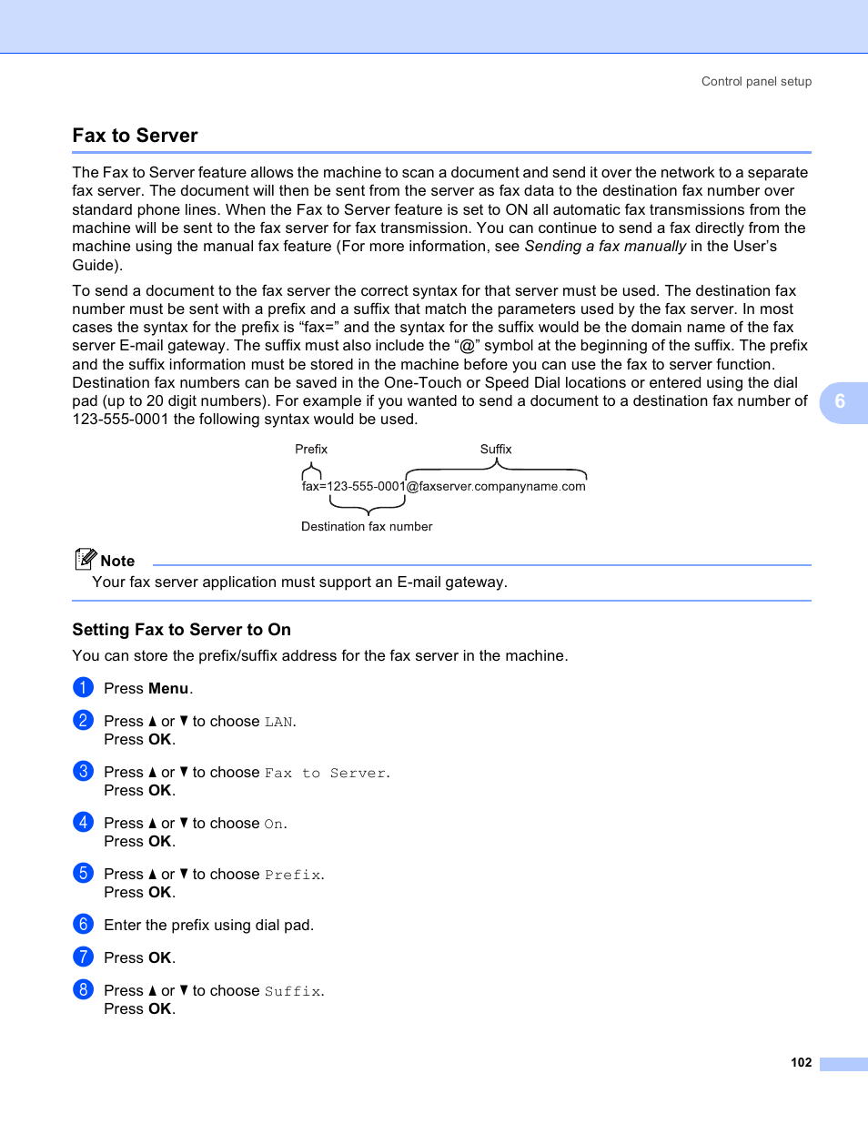 Fax to server, Setting fax to server to on, 6fax to server | Brother MFC 9840CDW User Manual | Page 112 / 204