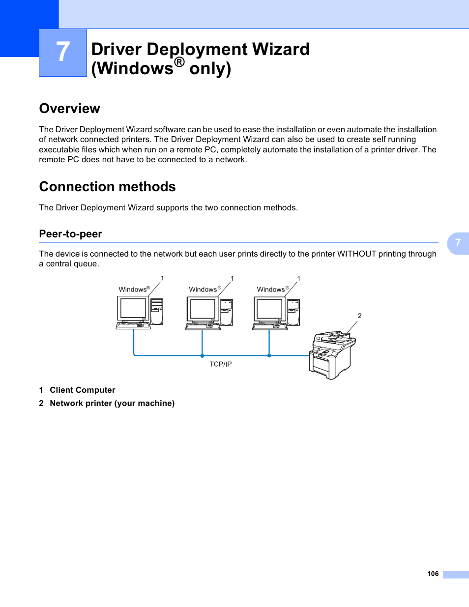 7 driver deployment wizard (windows® only), Overview, Connection methods | Peer-to-peer, Driver deployment wizard (windows, Only), Overview connection methods | Brother MFC 9840CDW User Manual | Page 116 / 204