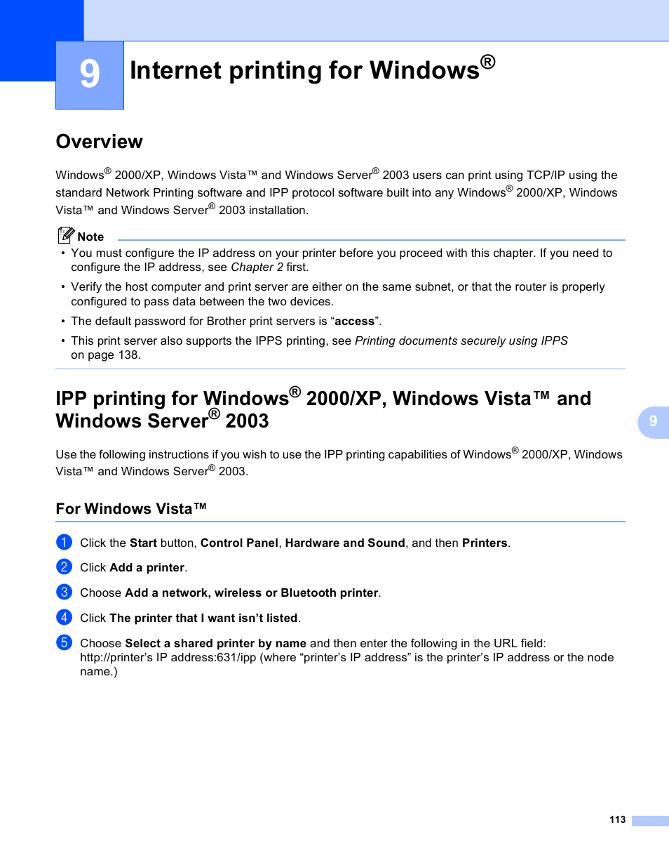 9 internet printing for windows, Overview, For windows vista | Internet printing for windows, Overview ipp printing for windows, 2000/xp, windows vista™ and windows server, Ipp printing for windows | Brother MFC 9840CDW User Manual | Page 123 / 204