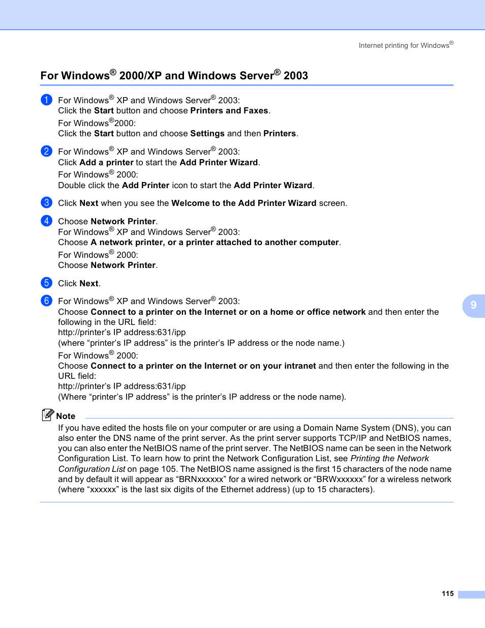 For windows® 2000/xp and windows server® 2003, For windows, 2000/xp and windows server | 9for windows | Brother MFC 9840CDW User Manual | Page 125 / 204