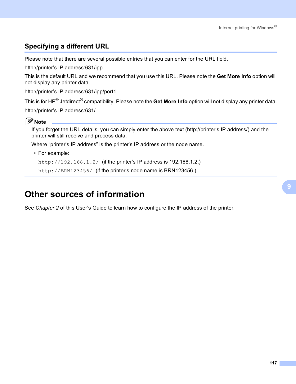 Specifying a different url, Other sources of information, 9specifying a different url | Brother MFC 9840CDW User Manual | Page 127 / 204