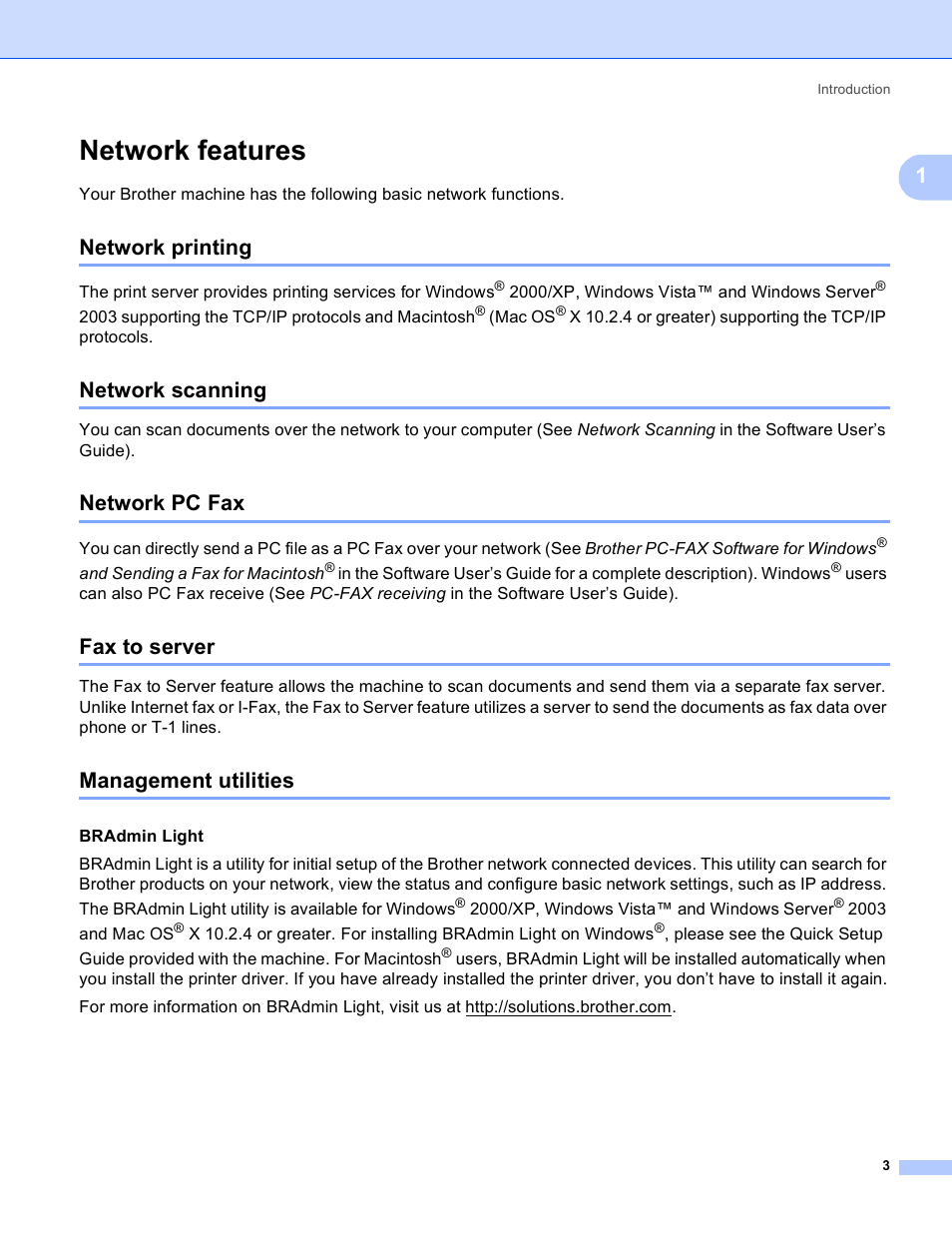 Network features, Network printing, Network scanning | Network pc fax, Fax to server, Management utilities | Brother MFC 9840CDW User Manual | Page 13 / 204