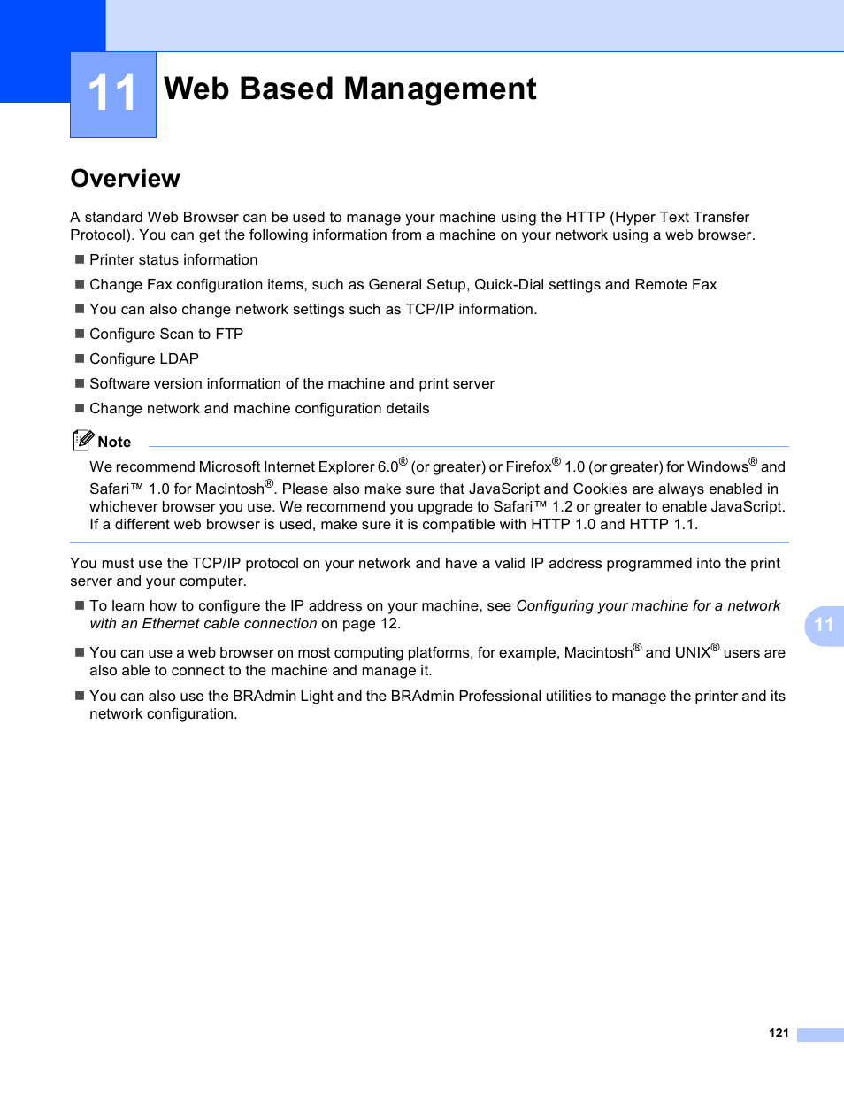 11 web based management, Overview, Web based management | Brother MFC 9840CDW User Manual | Page 131 / 204