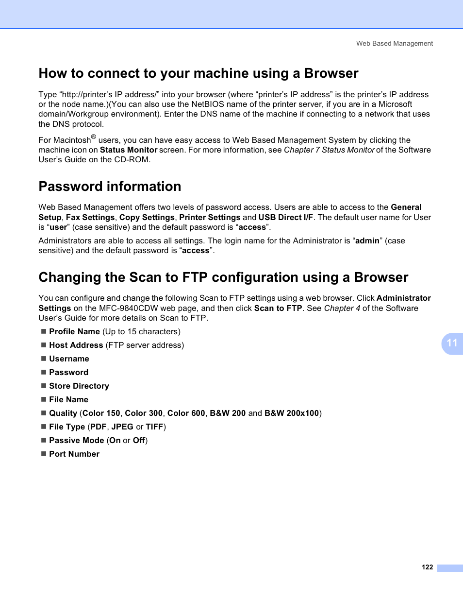 How to connect to your machine using a browser, Password information | Brother MFC 9840CDW User Manual | Page 132 / 204