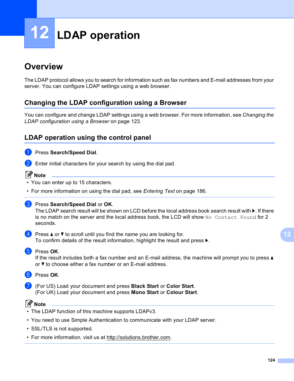 12 ldap operation, Overview, Changing the ldap configuration using a browser | Ldap operation using the control panel, Ldap operation | Brother MFC 9840CDW User Manual | Page 134 / 204