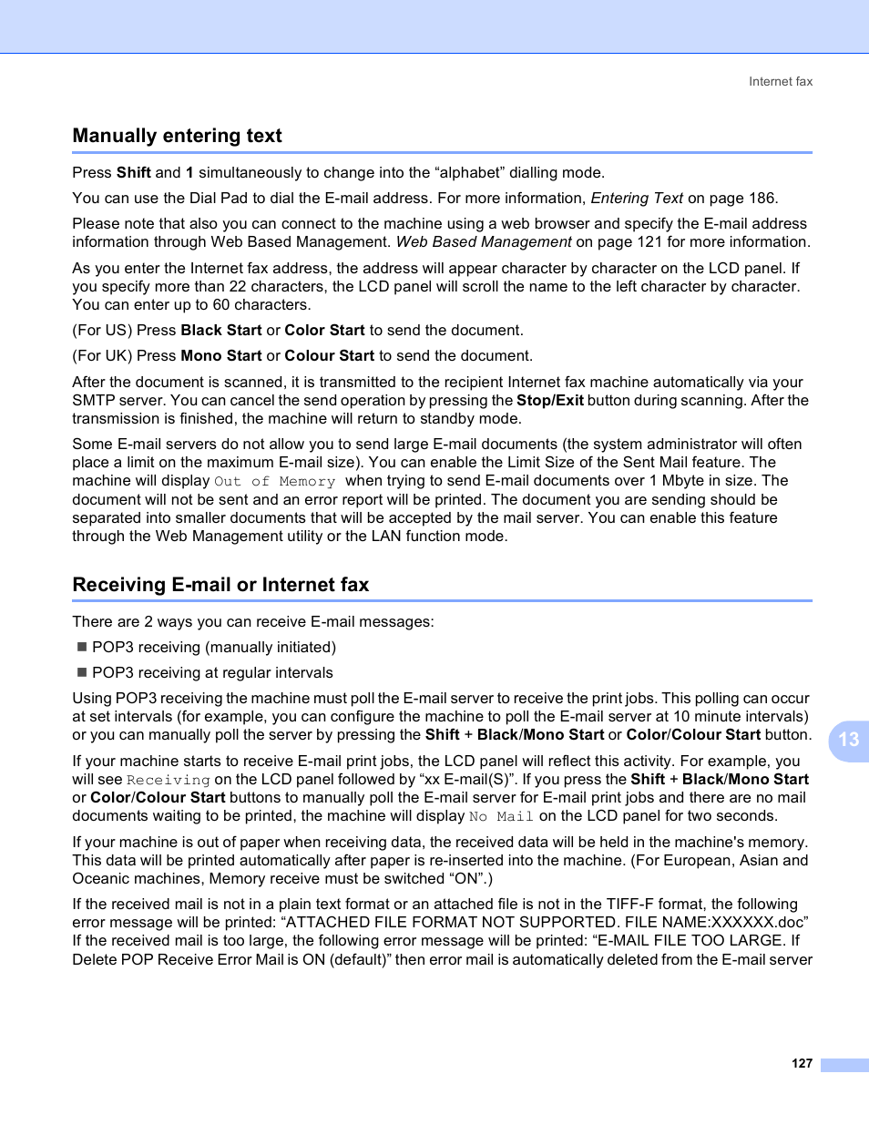 Manually entering text, Receiving e-mail or internet fax, 13 manually entering text | Brother MFC 9840CDW User Manual | Page 137 / 204