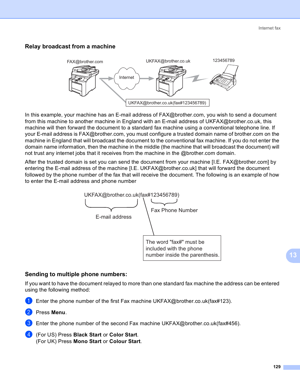 Relay broadcast from a machine, Sending to multiple phone numbers | Brother MFC 9840CDW User Manual | Page 139 / 204
