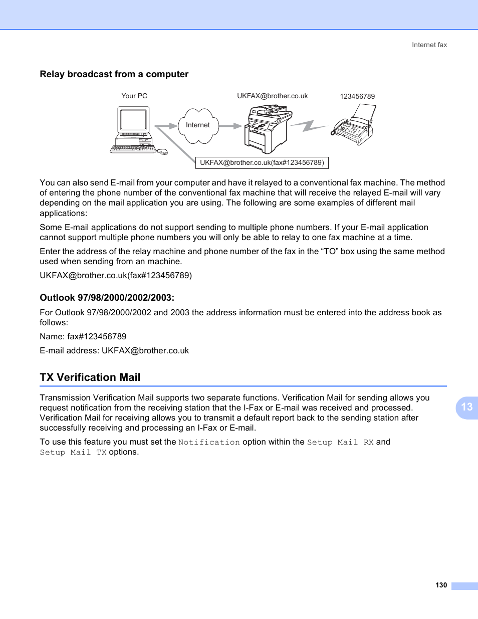 Relay broadcast from a computer, Outlook 97/98/2000/2002/2003, Tx verification mail | Brother MFC 9840CDW User Manual | Page 140 / 204