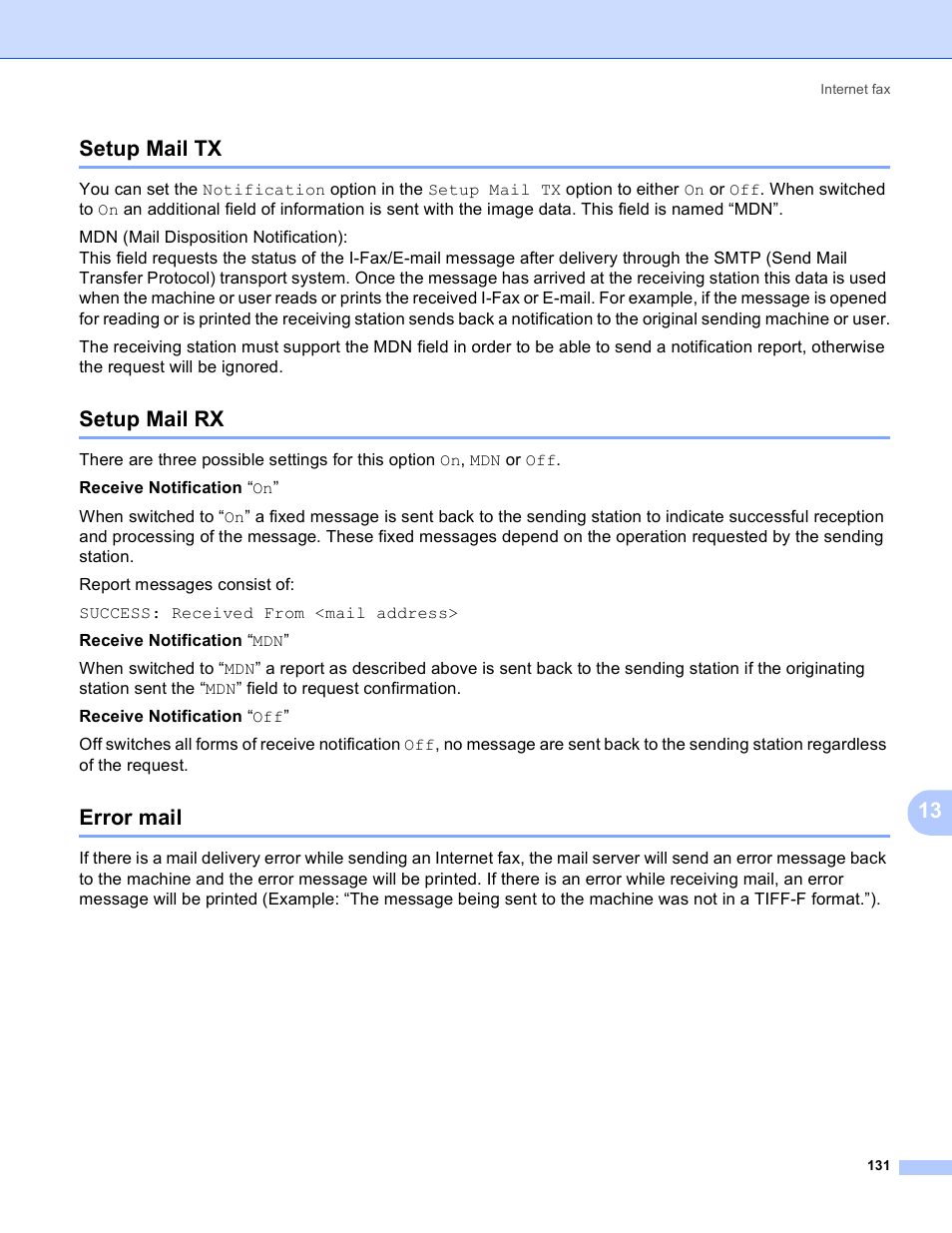 Setup mail tx, Setup mail rx, Error mail | Setup mail tx setup mail rx error mail, 13 setup mail tx | Brother MFC 9840CDW User Manual | Page 141 / 204