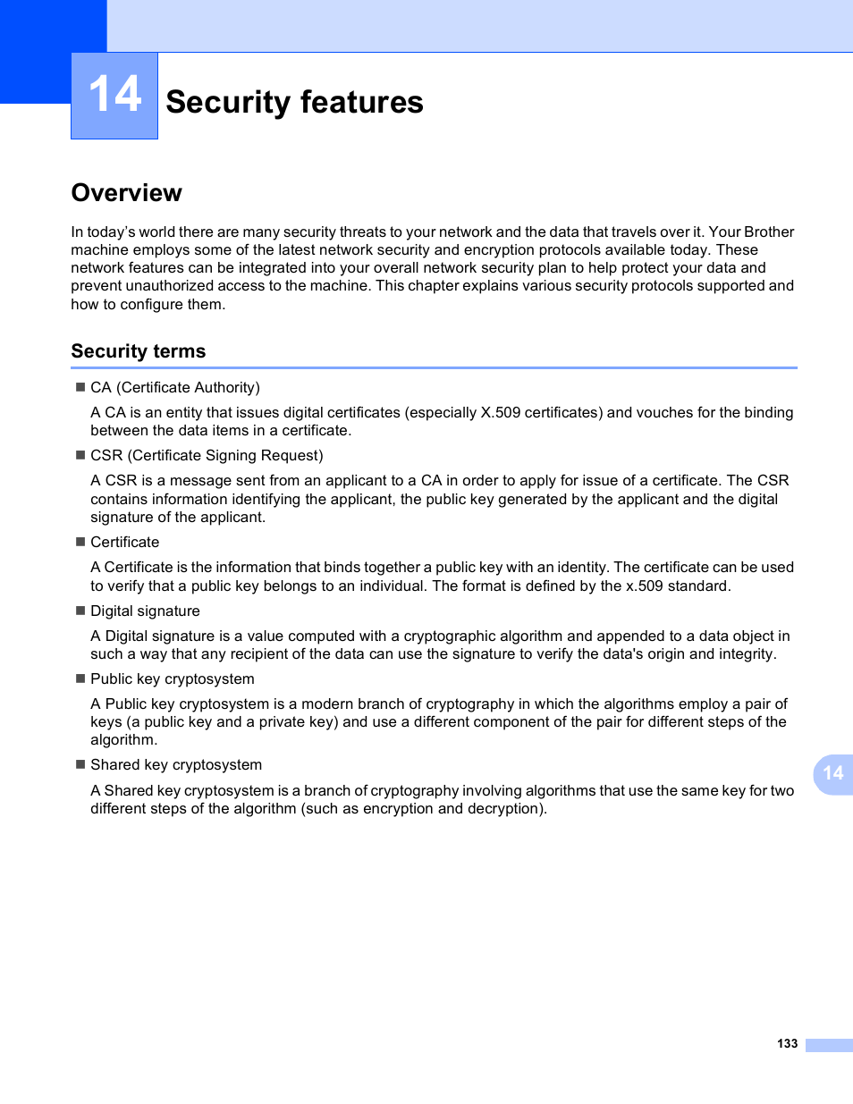 14 security features, Overview, Security terms | Security features | Brother MFC 9840CDW User Manual | Page 143 / 204