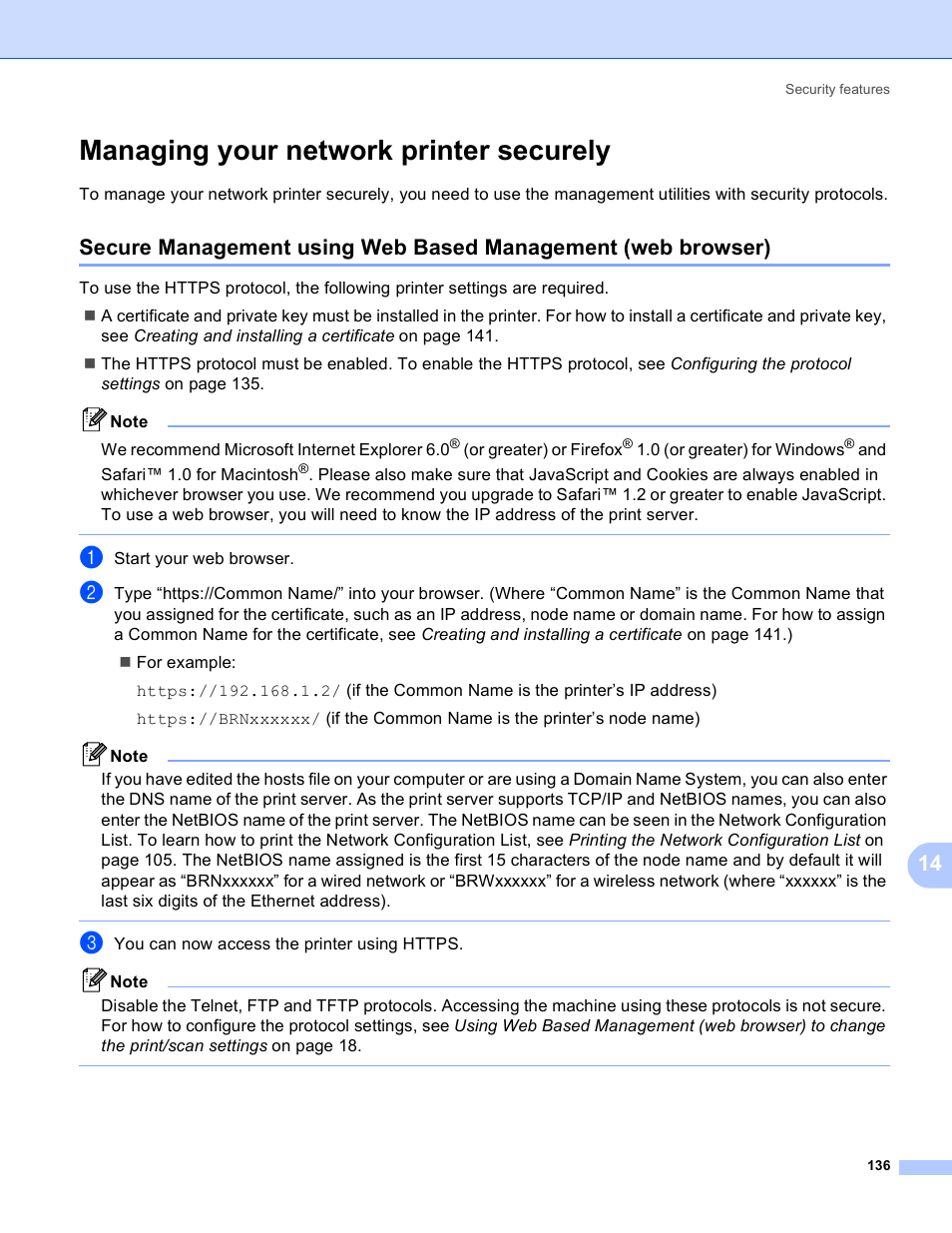 Managing your network printer securely | Brother MFC 9840CDW User Manual | Page 146 / 204