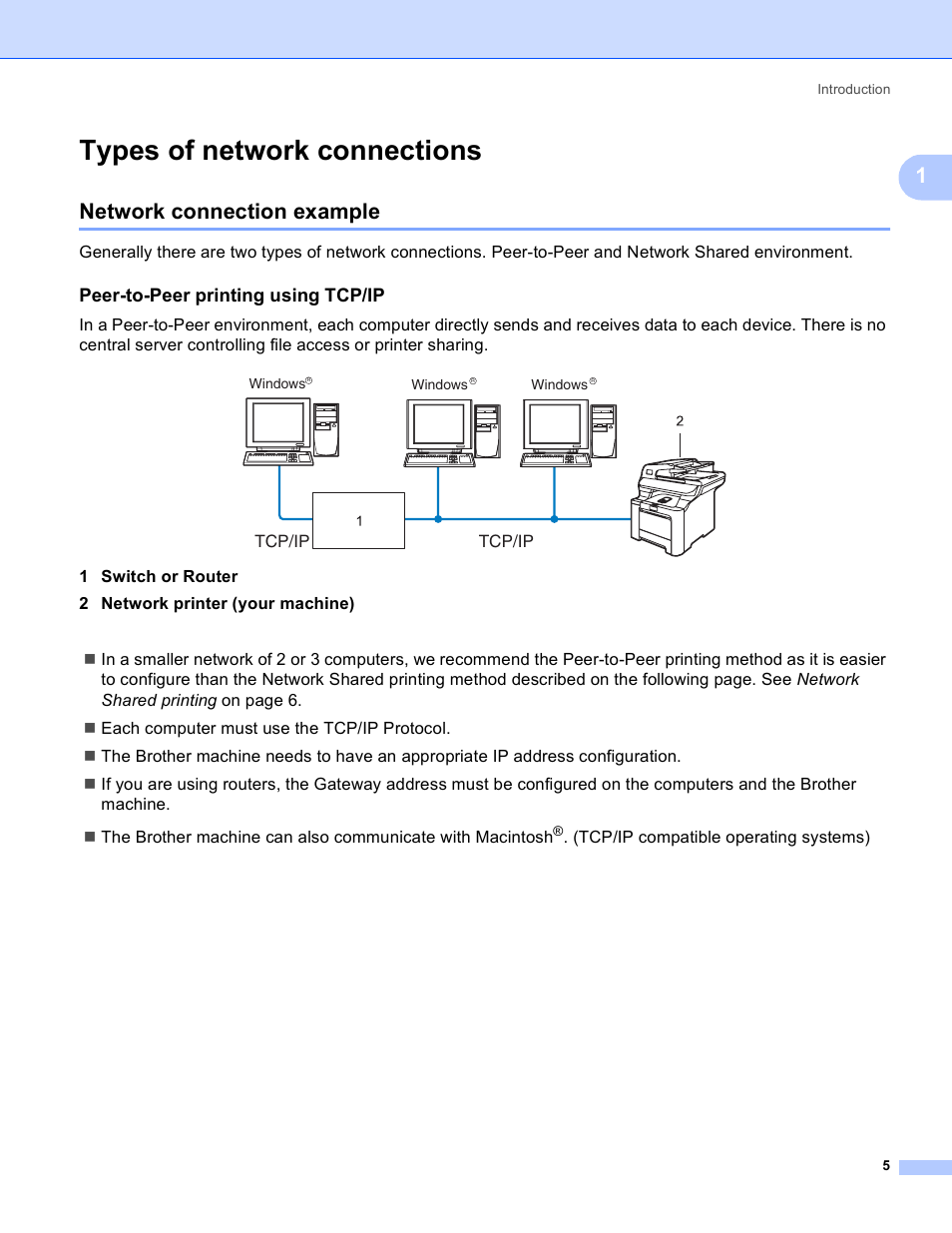 Types of network connections, Network connection example, Peer-to-peer printing using tcp/ip | Brother MFC 9840CDW User Manual | Page 15 / 204