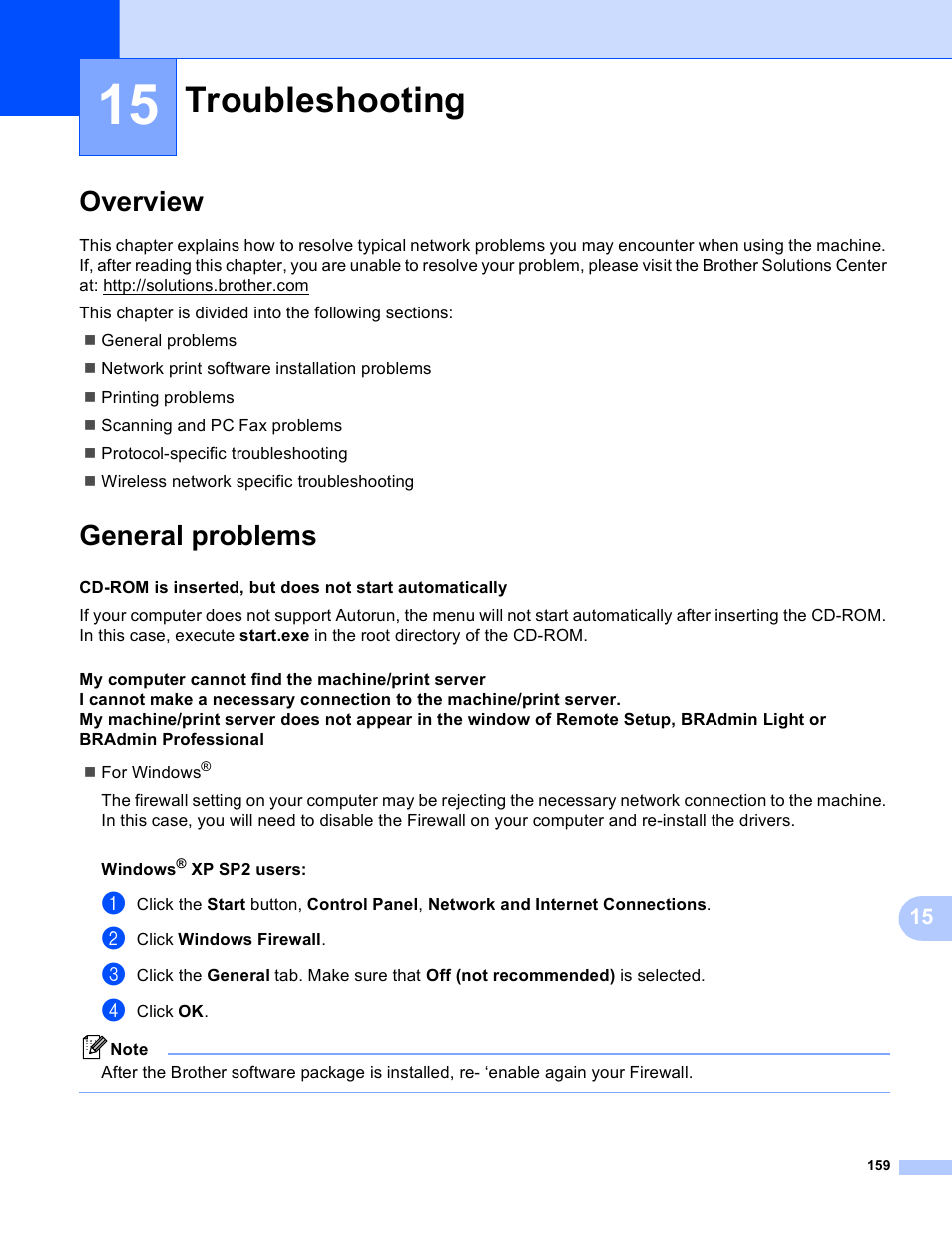 15 troubleshooting, Overview, General problems | Troubleshooting, Overview general problems | Brother MFC 9840CDW User Manual | Page 169 / 204