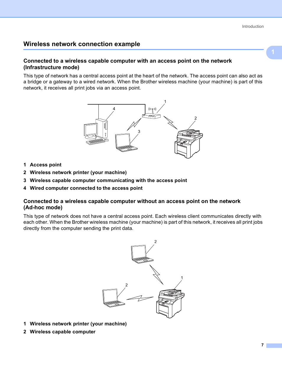 Wireless network connection example, 1wireless network connection example | Brother MFC 9840CDW User Manual | Page 17 / 204
