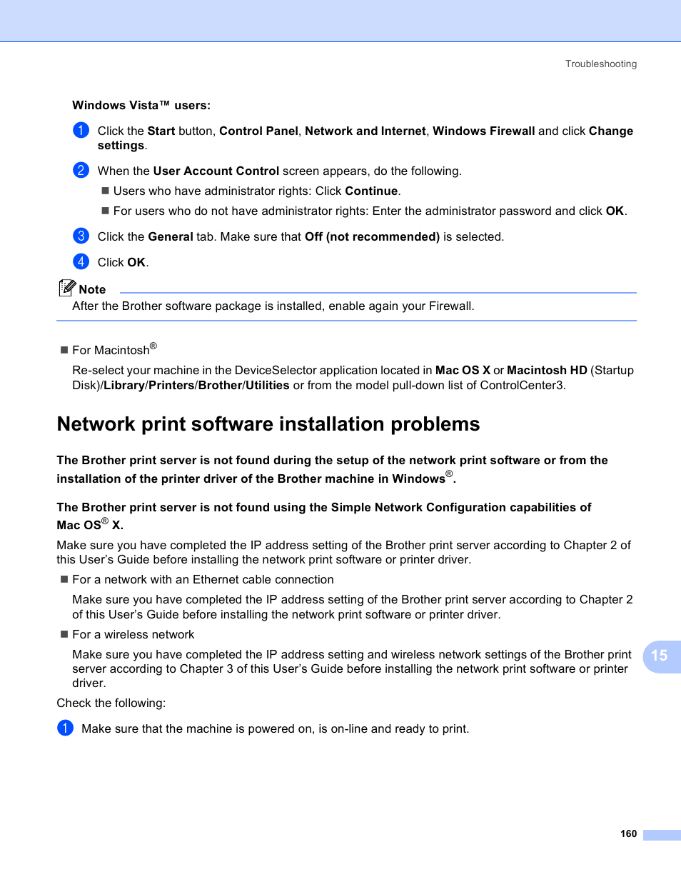Network print software installation problems | Brother MFC 9840CDW User Manual | Page 170 / 204