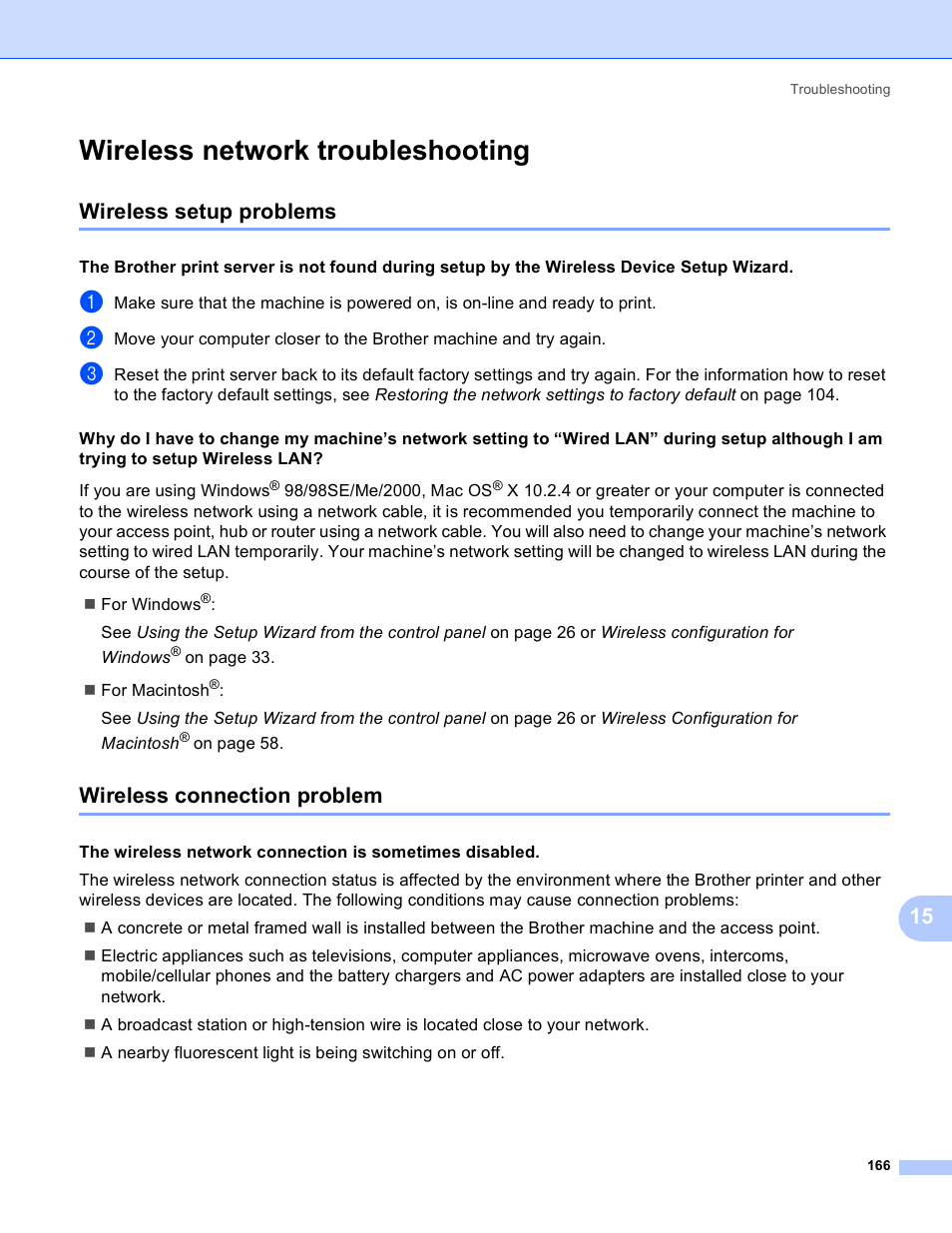 Wireless network troubleshooting, Wireless setup problems, Wireless connection problem | Brother MFC 9840CDW User Manual | Page 176 / 204