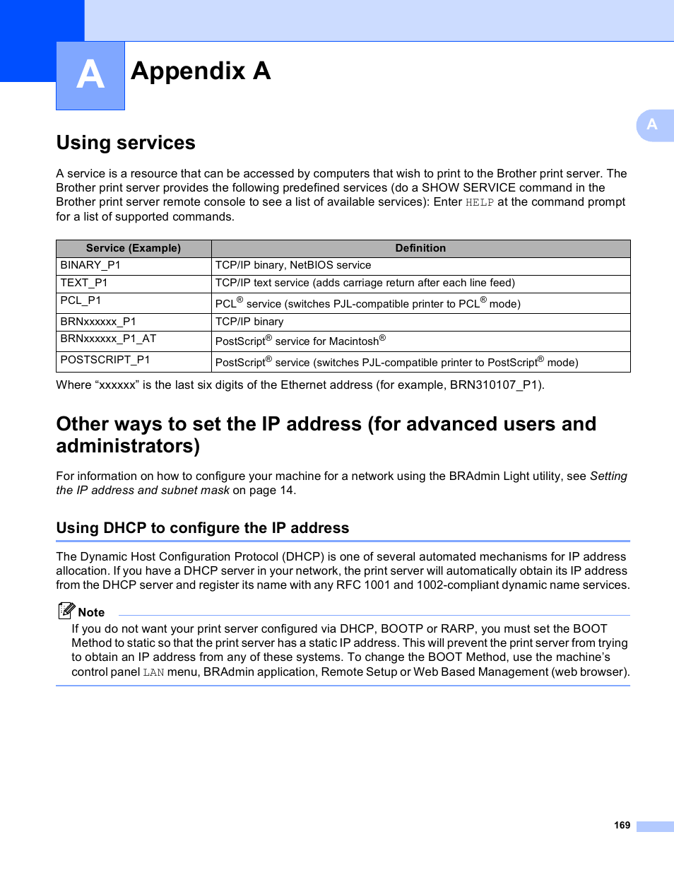 A appendix a, Using services, Using dhcp to configure the ip address | Appendix a | Brother MFC 9840CDW User Manual | Page 179 / 204