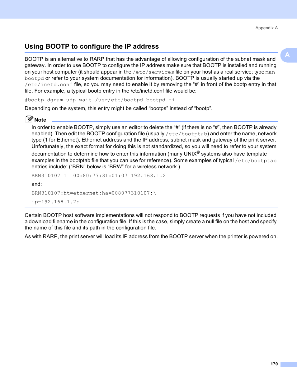 Using bootp to configure the ip address, Ausing bootp to configure the ip address | Brother MFC 9840CDW User Manual | Page 180 / 204