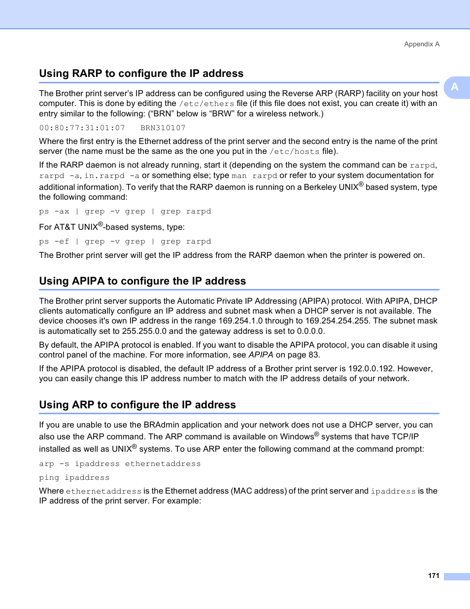 Using rarp to configure the ip address, Using apipa to configure the ip address, Using arp to configure the ip address | Ausing rarp to configure the ip address | Brother MFC 9840CDW User Manual | Page 181 / 204