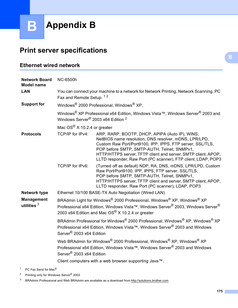 B appendix b, Print server specifications, Ethernet wired network | Appendix b | Brother MFC 9840CDW User Manual | Page 185 / 204
