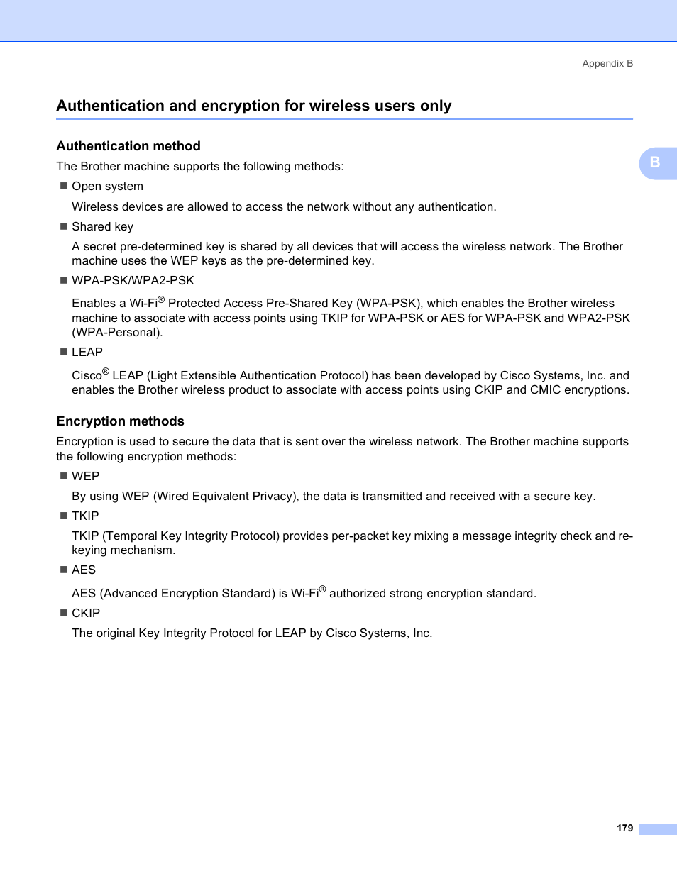 Authentication method, Encryption methods | Brother MFC 9840CDW User Manual | Page 189 / 204