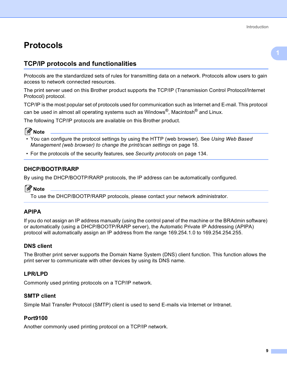 Protocols, Tcp/ip protocols and functionalities, Dhcp/bootp/rarp | Apipa, Dns client, Lpr/lpd, Smtp client, Port9100 | Brother MFC 9840CDW User Manual | Page 19 / 204