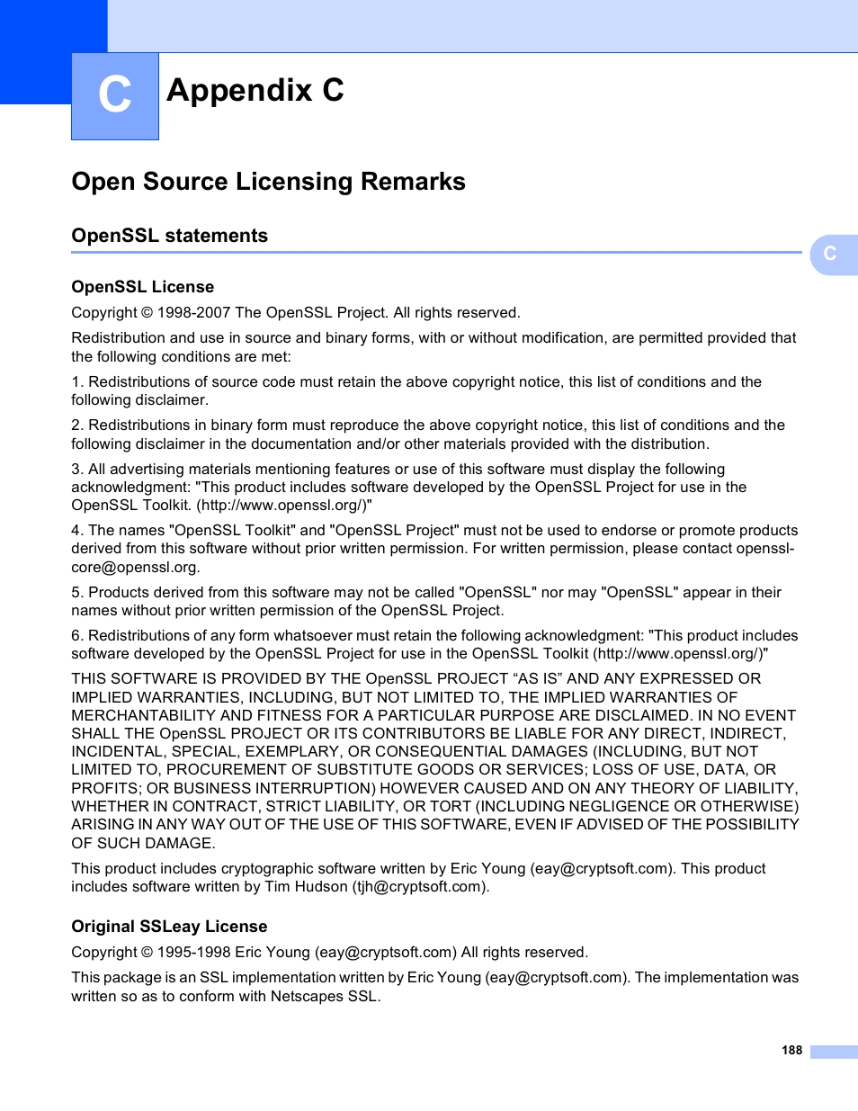 C appendix c, Open source licensing remarks, Openssl statements | Openssl license, Original ssleay license, Appendix c | Brother MFC 9840CDW User Manual | Page 198 / 204