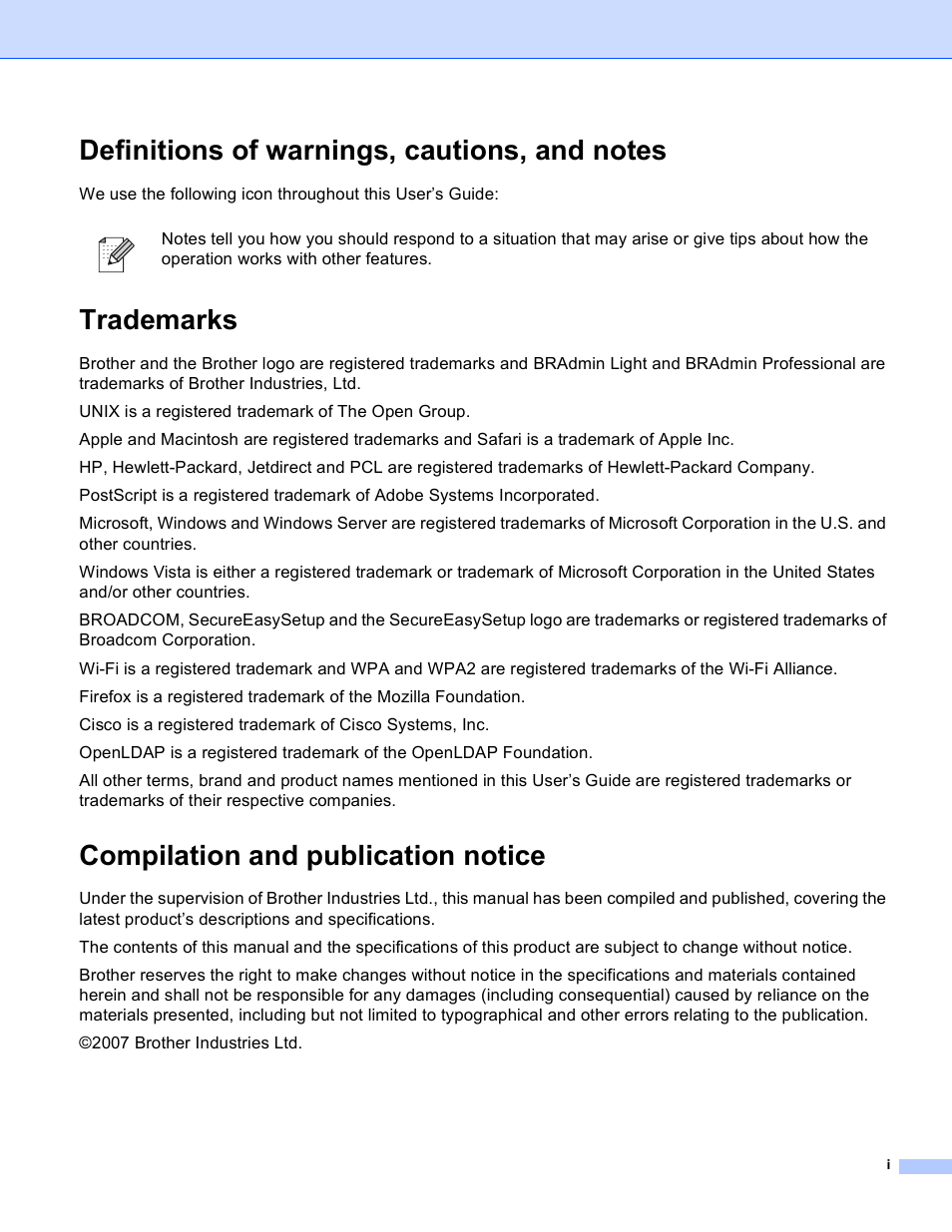 Definitions of warnings, cautions, and notes, Trademarks, Compilation and publication notice | Brother MFC 9840CDW User Manual | Page 2 / 204