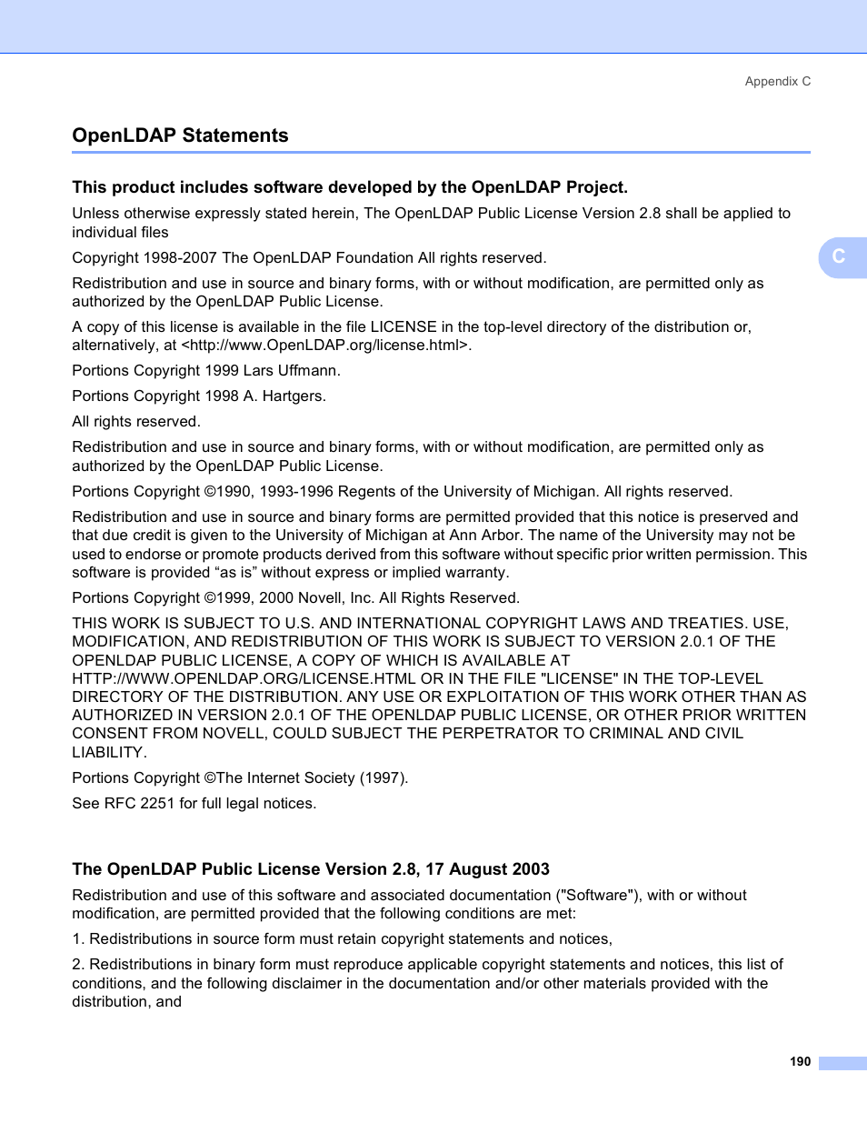 Openldap statements, Copenldap statements | Brother MFC 9840CDW User Manual | Page 200 / 204