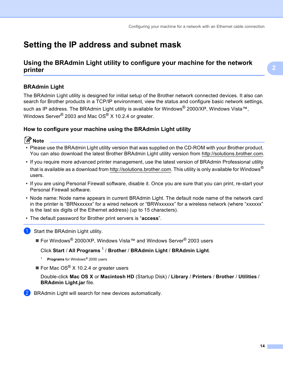 Setting the ip address and subnet mask, Bradmin light | Brother MFC 9840CDW User Manual | Page 24 / 204