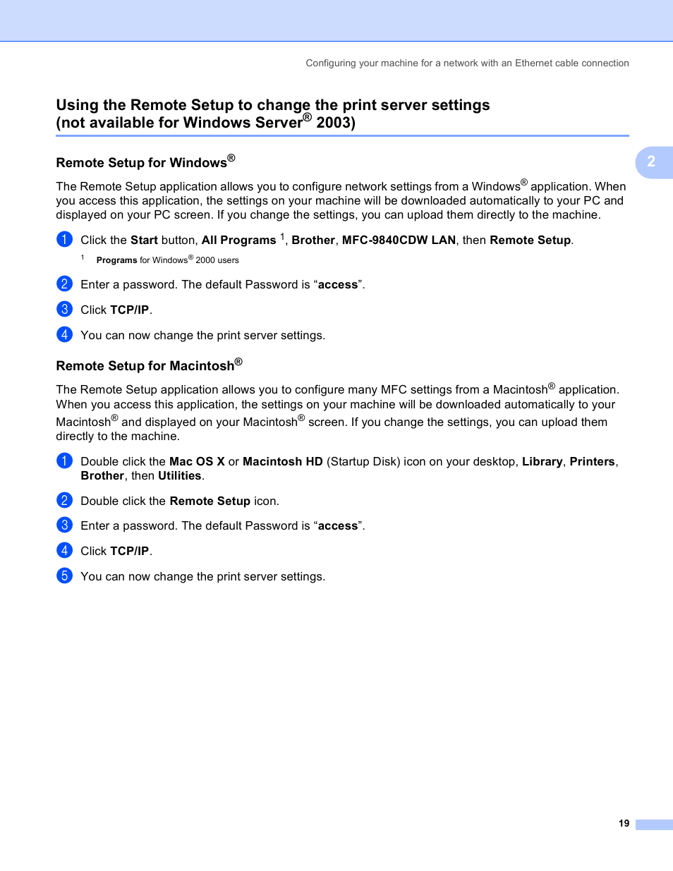 Remote setup for windows, Remote setup for macintosh, Not available for windows server | Brother MFC 9840CDW User Manual | Page 29 / 204