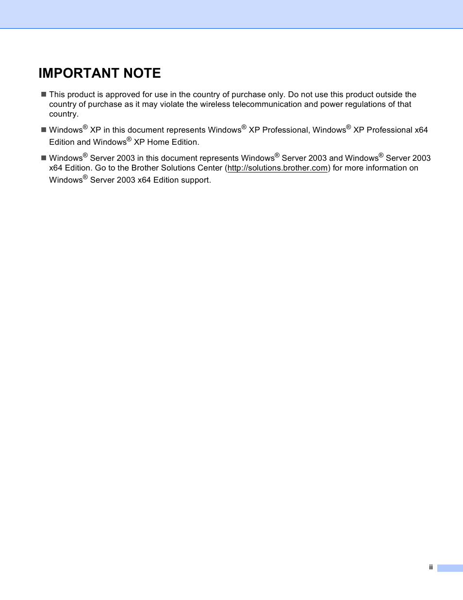 Important note | Brother MFC 9840CDW User Manual | Page 3 / 204